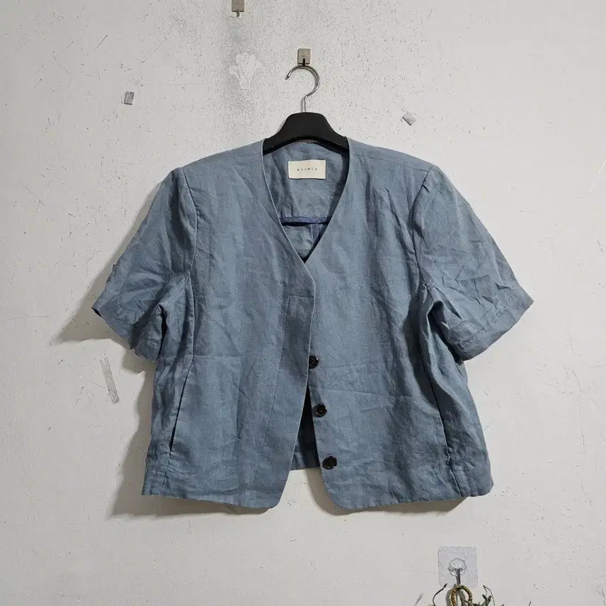 [BUNJANG] Linen V-Neck Short Sleeve Jacket - Blue / 리넨 브이넥 반팔 자켓 블루