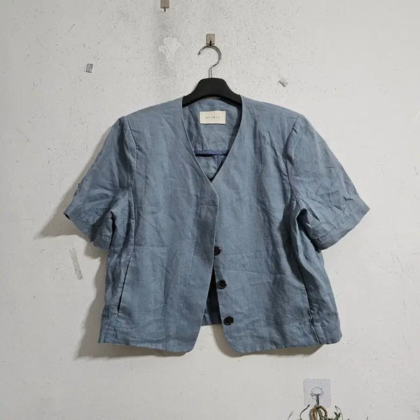 [BUNJANG] Linen V-Neck Short Sleeve Jacket - Blue / 리넨 브이넥 반팔 자켓 블루