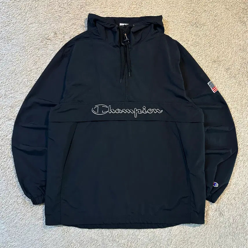 [BUNJANG] Champion Spell Logo Hooded Anorak Jacket Black / [L] 매장판) 챔피온 CHAMPION 성조기 스펠로고 후드 아노락 자켓 블랙