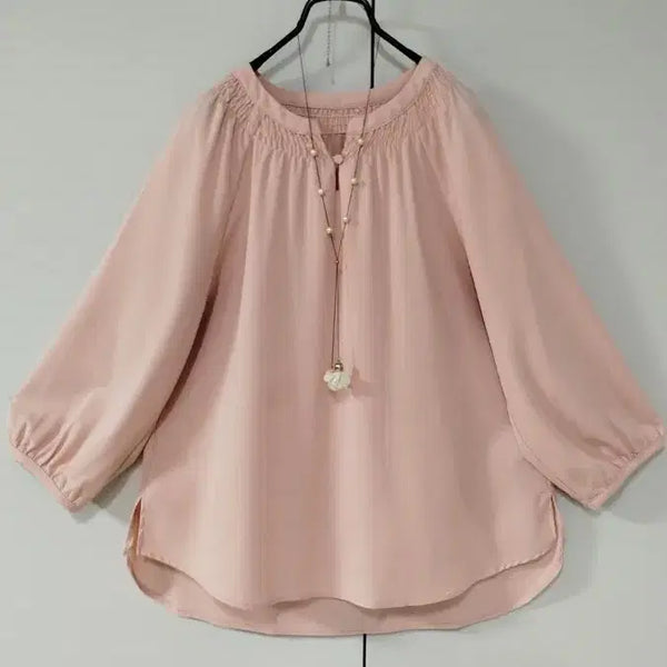 [BUNJANG] Light Pink Balloon Sleeve Blouse / 88사랑스런 연살구 폴리원단 밴딩 넥라인 예쁜 벌룬 긴팔 소매 블라우스