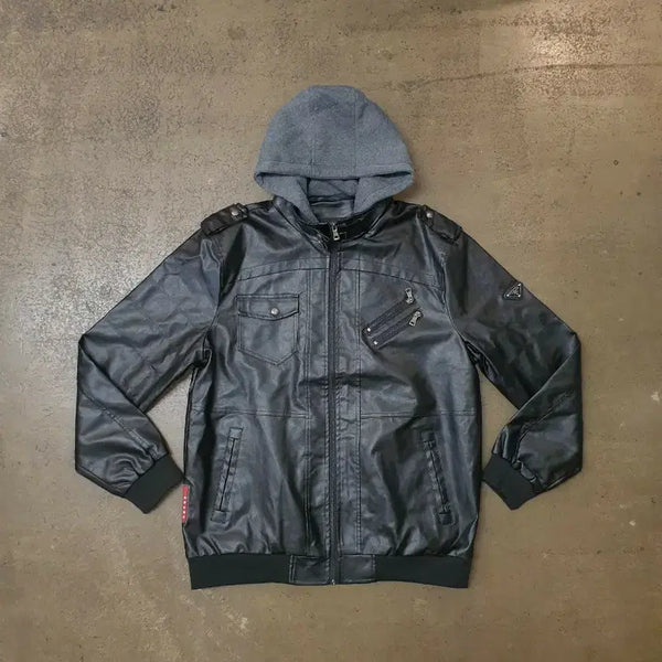 [BUNJANG] Prada Black Layered Leather Hooded Jacket / 프라다 블랙 후드 레이어드 가죽 자켓 준 새상품