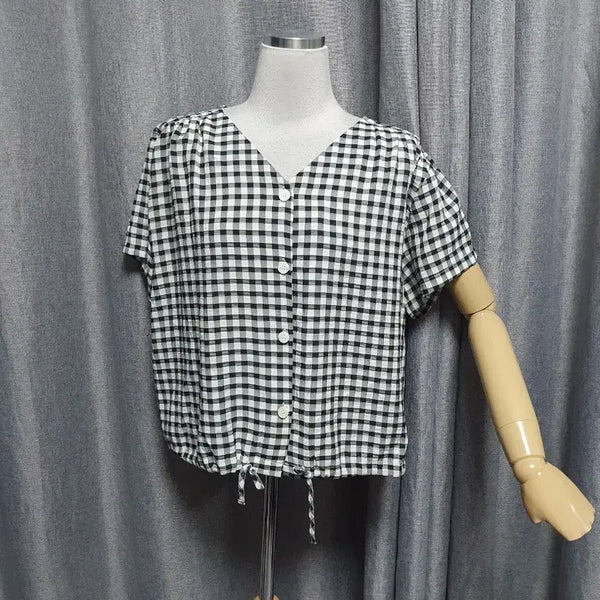 [BUNJANG] Gingham Check Short Sleeve Blouse / 무작 체크 반팔블라우스