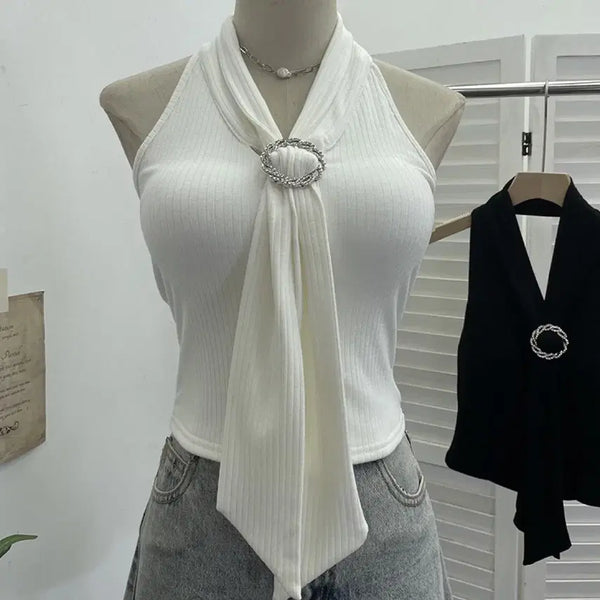 [BUNJANG] Tai Cubic Ring Halterneck Knit - New Arrival / 타이 큐빅링 홀터넥 니트 착용 새상품 수입의류 파티룩 페스티벌룩 방송룩 여캠룩 bj룩
