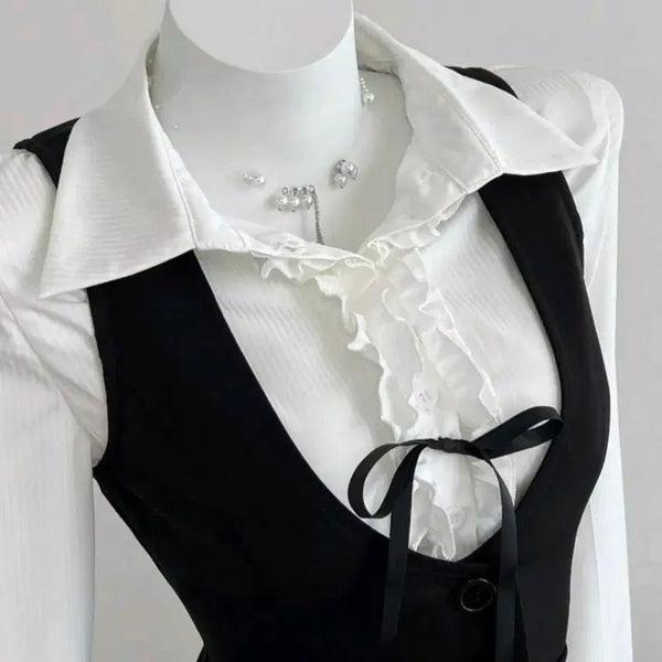 [BUNJANG] Frilled Blouse and Vest Set / 졸업사진 할로윈 코스튱 귀여운 프릴  블라우스 조끼 베스트 세트