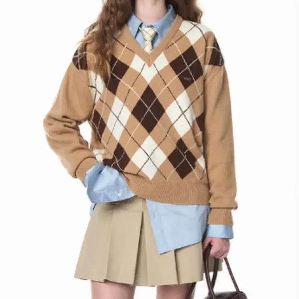 [BUNJANG] Grovestore Argyle V-Neck Knit (Beige/Brown) / 그로브스토어 grove 아가일 브이넥니트 베이지 브라운 / 차정원 기은세 니트
