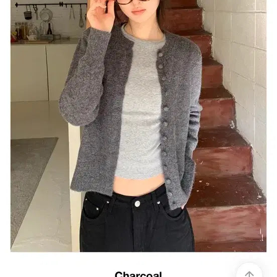 [BUNJANG] Bean Button Long Sleeve Knit Cardigan Charcoal / 콩단추 긴팔 니트 가디건 차콜