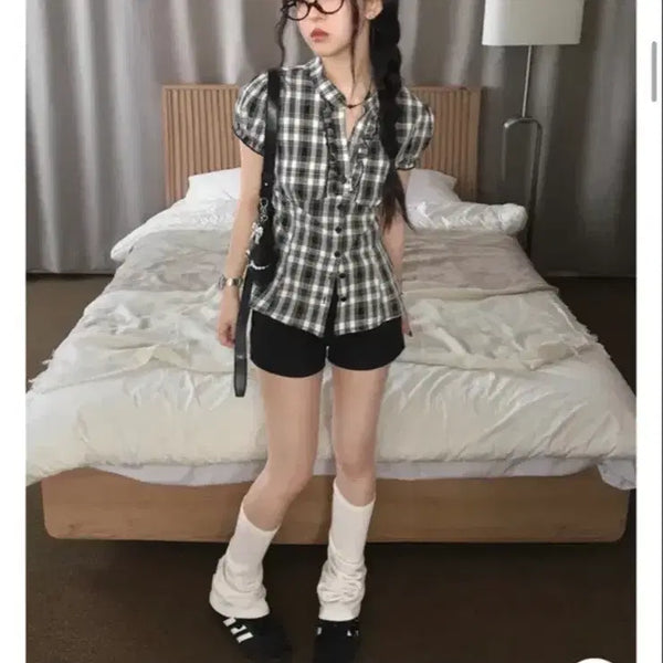 [BUNJANG] Checkered Short Sleeve Blouse / 반팔브라우스