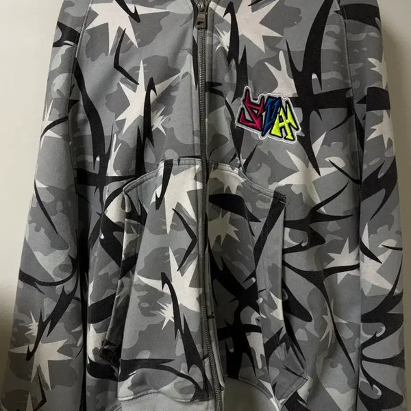 [BUNJANG] Gray Camo Pattern Hooded Zip-Up Jacket / 회색 카모 패턴 후드집업