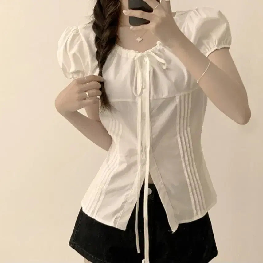 [BUNJANG] Short Sleeve Blouse White (New) / 반팔 블라우스(새상품)