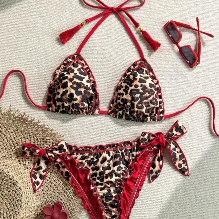 [BUNJANG] Leopard Print Ruffle Bikini Set / 레오파드 비키니 수영복 셋업