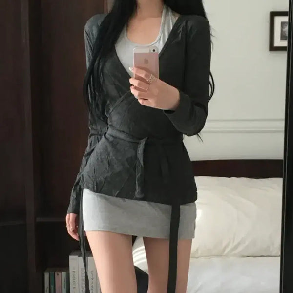 [BUNJANG] One Piece + Cardigan Set / 새상품)원피스+가디건set 하루 홀터넥 랩 가디건 미니원피스