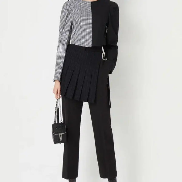 [BUNJANG] Lucky Chouette Plaid Color-Block Long Sleeve Crop Blouse / 럭키슈에뜨 반반 깅엄 배색 긴소매 크롭 블라우스38(55)