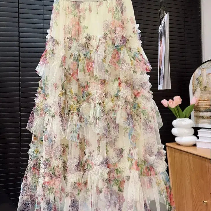 [BUNJANG] Romantic Flower Tiered Skirt / 로맨틱 플라워 캉캉 스커트