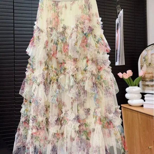 [BUNJANG] Romantic Flower Tiered Skirt / 로맨틱 플라워 캉캉 스커트