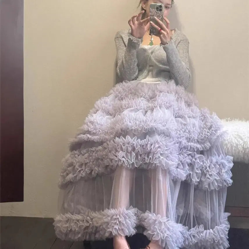 [BUNJANG] Frill Tulle Long Skirt / 캉캉 프릴 샤 롱스커트 / 러블리 & 빈티지 무드