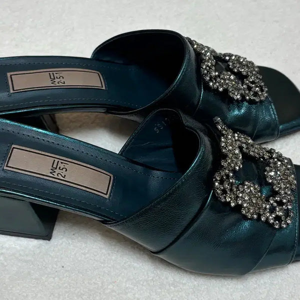 [BUNJANG] Teal Square Cubic Mules Heels / 사각 큐빅 뮬 힐 청록색 245