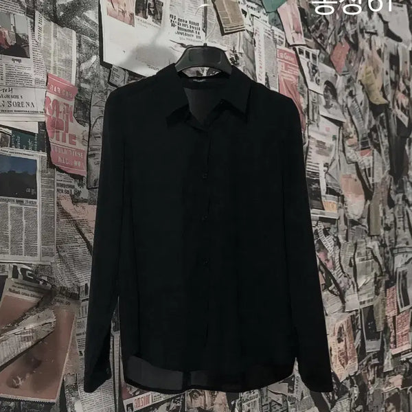 [BUNJANG] Black Basic Sheer Blouse / 블랙 기본 셔츠 블라우스 비침있음