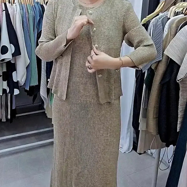 [BUNJANG] Pleated Dress Cardigan Set - Jade Grey / 플리츠 원피스 가디건 세트 진그레이 새상품