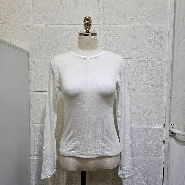 [BUNJANG] Soft and Light Round Long Sleeve T-Shirt - White / 부드럽고 가벼운 라운드 긴팔- 화이트