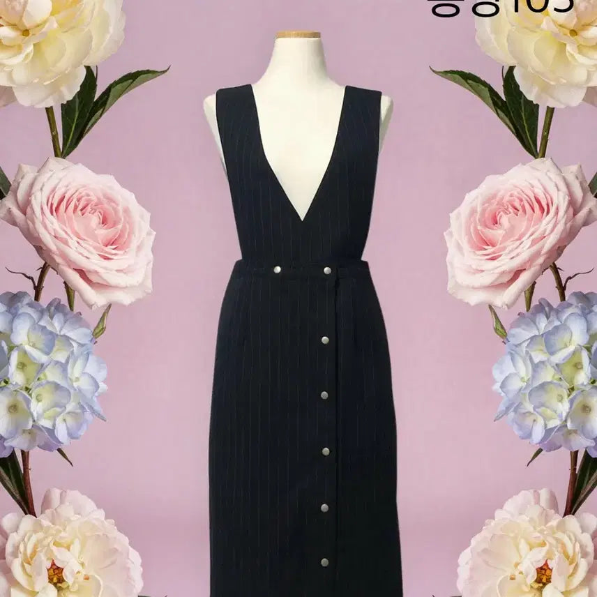 [BUNJANG] Stripe Button Strap Full Open Dress Skirt / 스트라이프 버튼 멜빵 풀오픈 원피스 스커트
