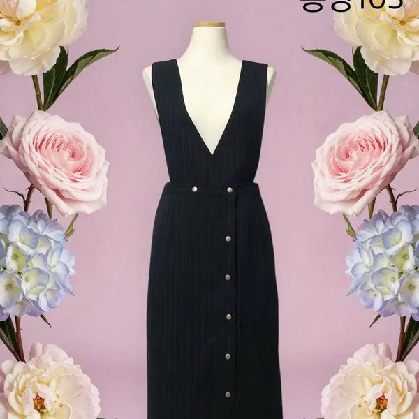 [BUNJANG] Stripe Button Strap Full Open Dress Skirt / 스트라이프 버튼 멜빵 풀오픈 원피스 스커트