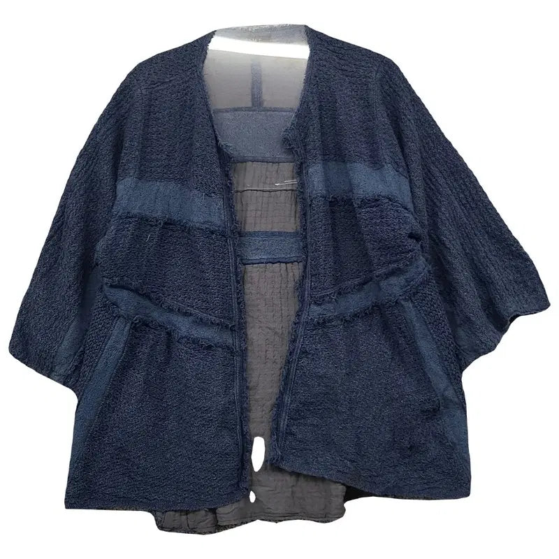 [BUNJANG] Time Navy Dot Pattern Linen Denim Knit Cardigan FREE / 타임 네이비 도트 패턴 린넨 데님 배색 니트 가디건 FREE