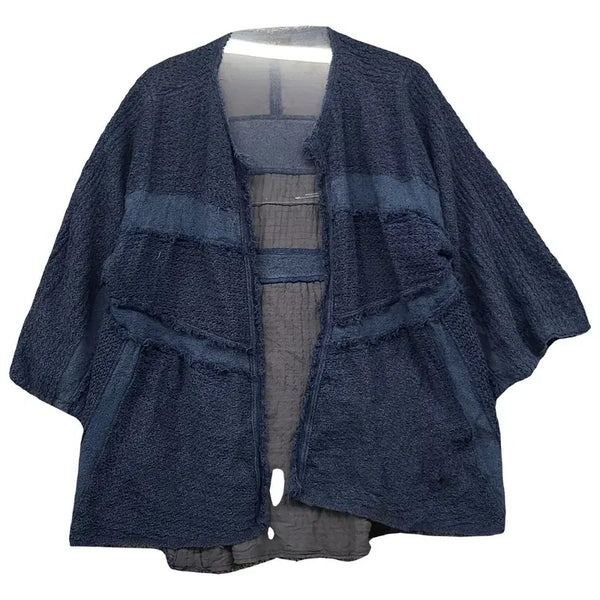[BUNJANG] Time Navy Dot Pattern Linen Denim Knit Cardigan FREE / 타임 네이비 도트 패턴 린넨 데님 배색 니트 가디건 FREE