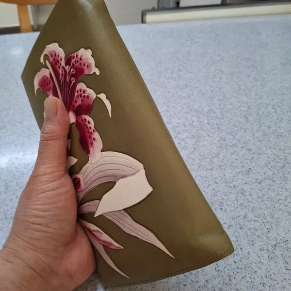 [BUNJANG] Handmade Natural Leather Long Wallet with Floral Pattern / 일본전통 장인 수제품 천연가죽 장지갑