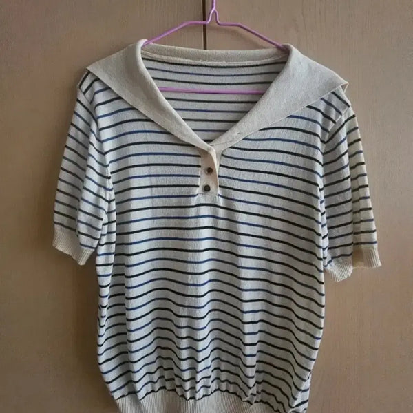[BUNJANG] Striped Sailor Spandex Knit Top / 단가라 세일러 스판 니트