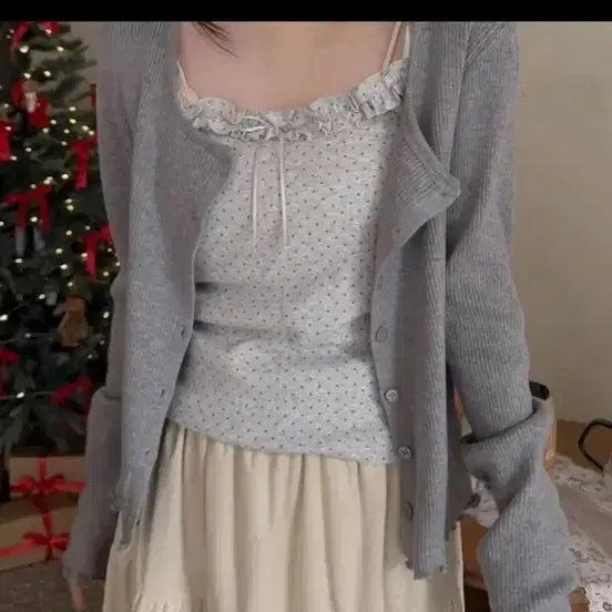 [BUNJANG] Frill Sleeveless Cardigan Set / (새상품) 프릴 나시 가디건 세트