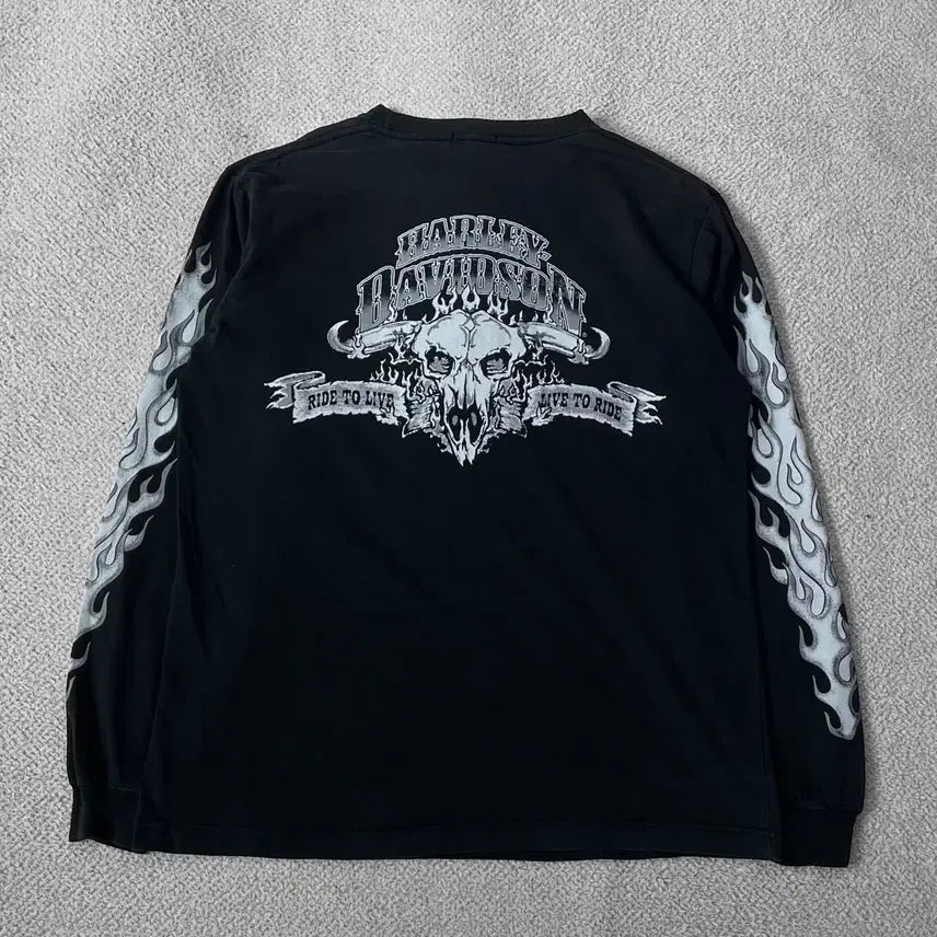 [BUNJANG] Harley-Davidson Skull White Flame Long Sleeve Black / 할리데이비슨 스컬 화이트 플레임 롱슬리브 블랙