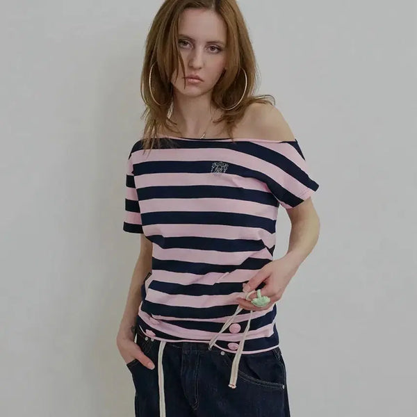 [BUNJANG] Sculptor Button Stripe Tee Pink L / (텍O새상품)스컬프터 버튼 스트라이프 티 핑크 L사이즈 Button Stripe Tee Pink