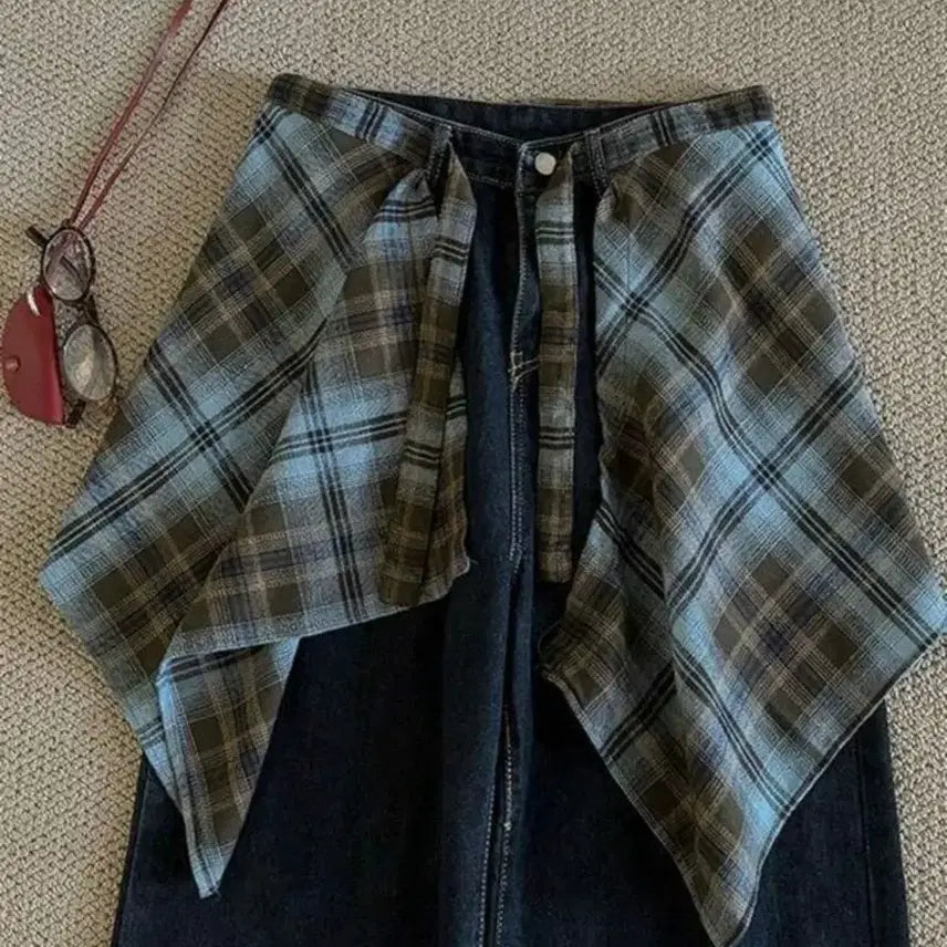 [BUNJANG] Check Pattern Layered Wrap Skirt - Blue / 체크 패턴 레이어드 스커트 블루