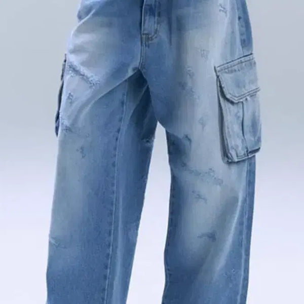 [BUNJANG] Lockcake Cargo Wide Fit Denim Pants / 락케이크 카고 데님 팬츠 와이드 핏 청바지