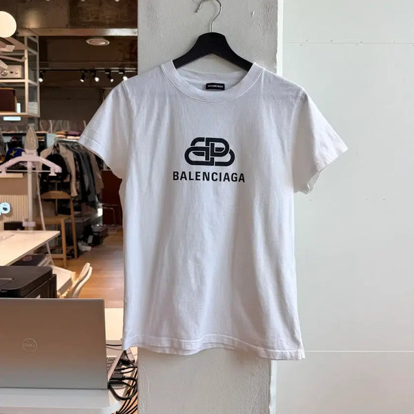 [BUNJANG] Balenciaga White BB Logo Cotton Half Tee - Size M / 발렌시아가 화이트 BB로고 코튼 하프티