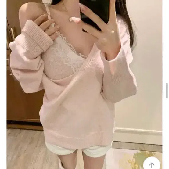[BUNJANG] Off-Shoulder Lace Bralette Knit / 에이블리 아카시화 지그재그 오프숄더 레이스 브라렛 니트