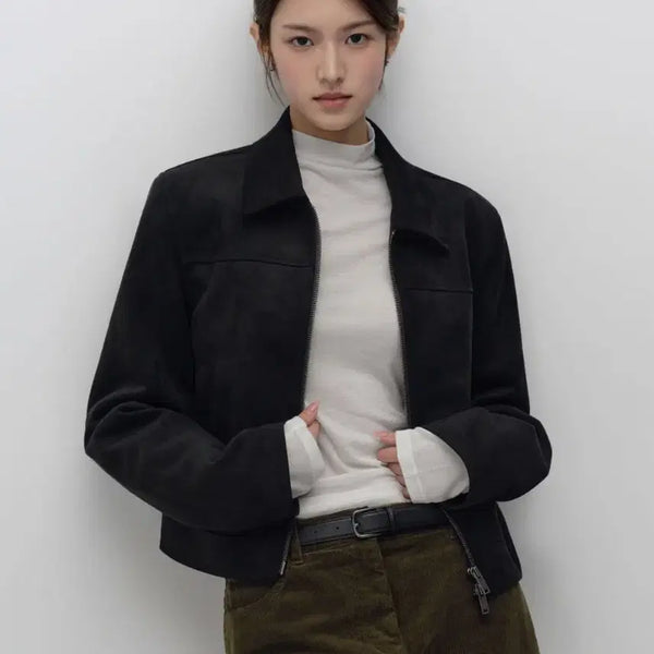 [BUNJANG] Women's Suede Cropped Jacket Black / [새상품] 여성 스웨이드 크롭자켓 블랙 숏자켓 검정색 S사이즈