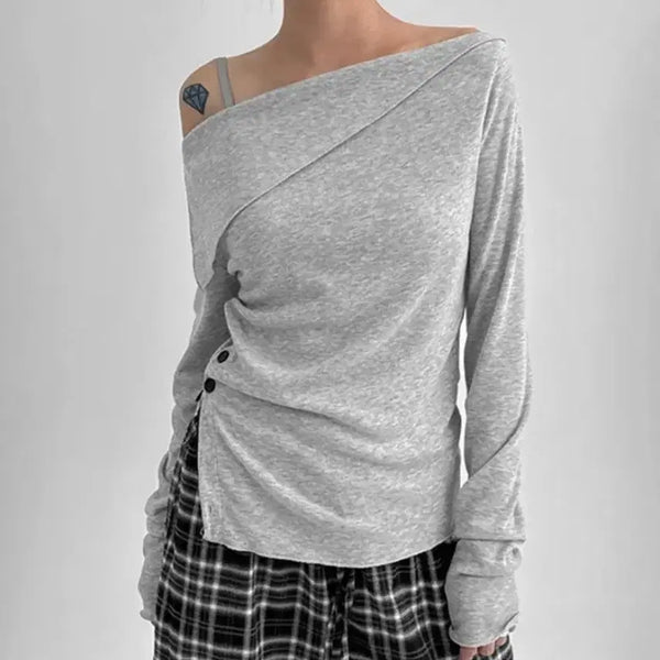 [BUNJANG] Off-the-Shoulder V-Neck Long-Sleeve Top / 오프숄더 브이넥 긴팔 그레이 블랙업
