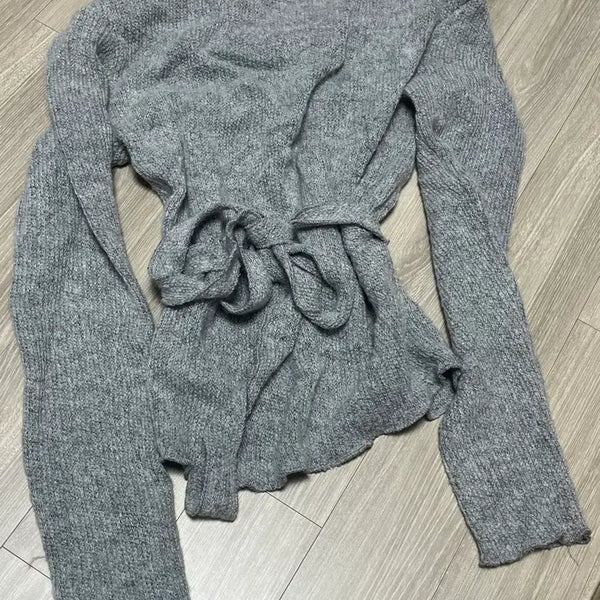 [BUNJANG] Gray Knit Wrap Cardigan / 그레이 니트 랩 가디건