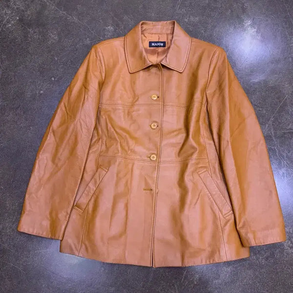[BUNJANG] Major Lambskin Leather Half Coat Brown Jacket M / 메이저 양가죽 레더 카코트 하프코트 브라운 자켓 M