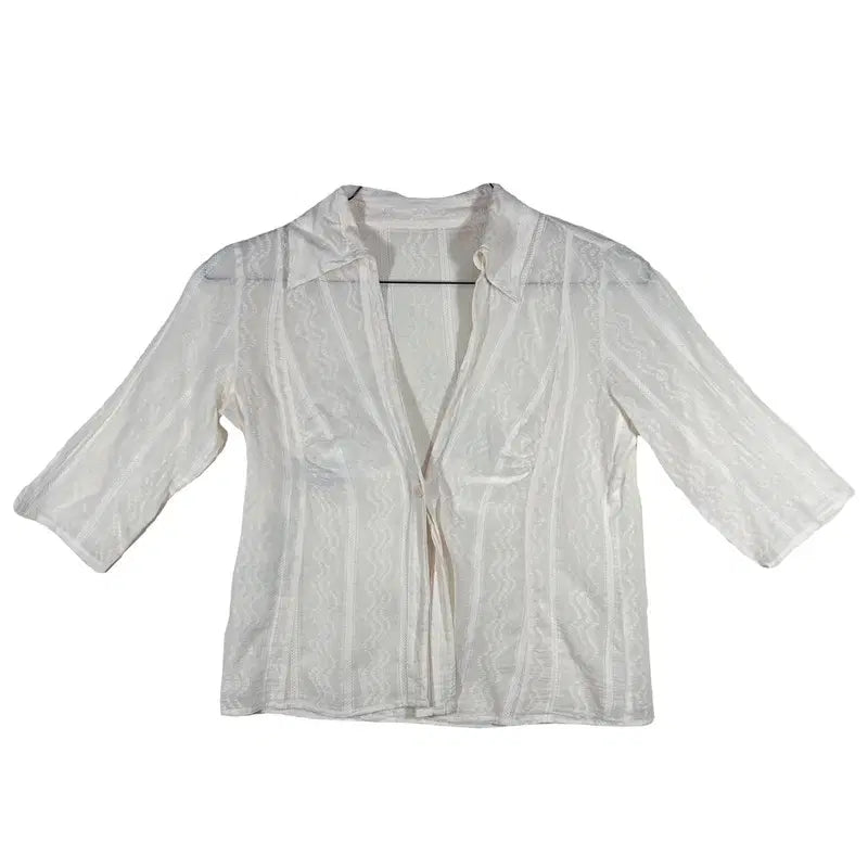 [BUNJANG] White See-Through Stripe Open Collar Blouse (7/10 Sleeve) / 화이트 시스루 스트라이프 오픈카라 7부 블라우스 [M]오피스룩