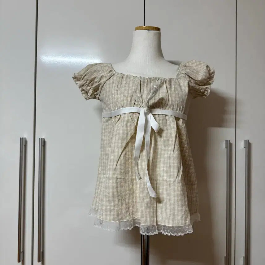 [BUNJANG] Puff Check Lace Ribbon Blouse / 퍼프 체크 레이스 리본 블라우스