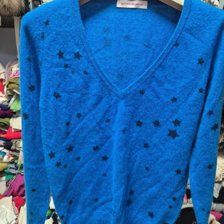 [BUNJANG] Matthew Williamson Blue Cashmere Sweater with Star Pattern / 매튜 윌리엄슨 별 패턴 블루 스웨터 캐시미어100