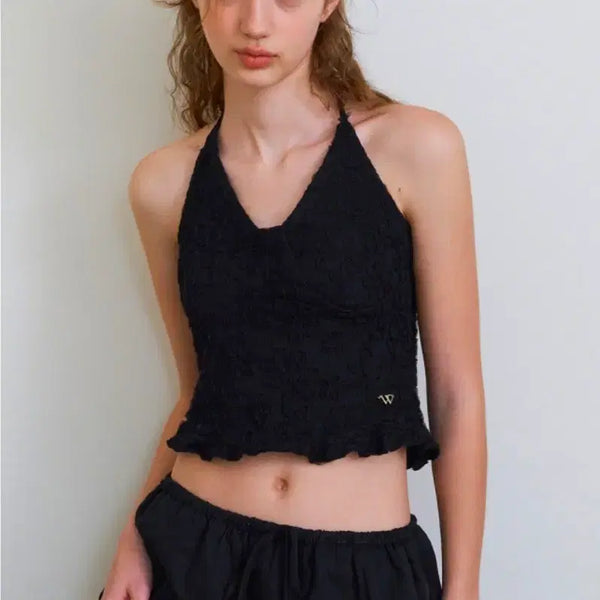 [BUNJANG] Without Summer Flower Pattern Halter Top Black / 위드아웃썸머 플라워패턴 홀터 탑 블랙