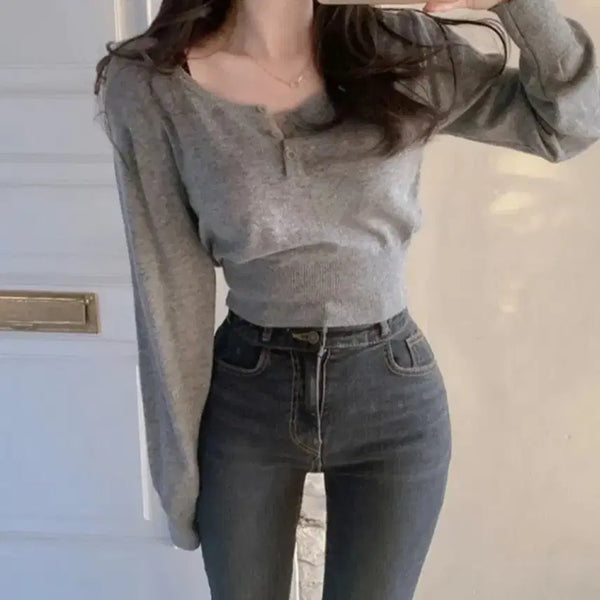 [BUNJANG] HINICK Waist Button Knit Grey / 히니크 허리잘록 단추 니트 그레이