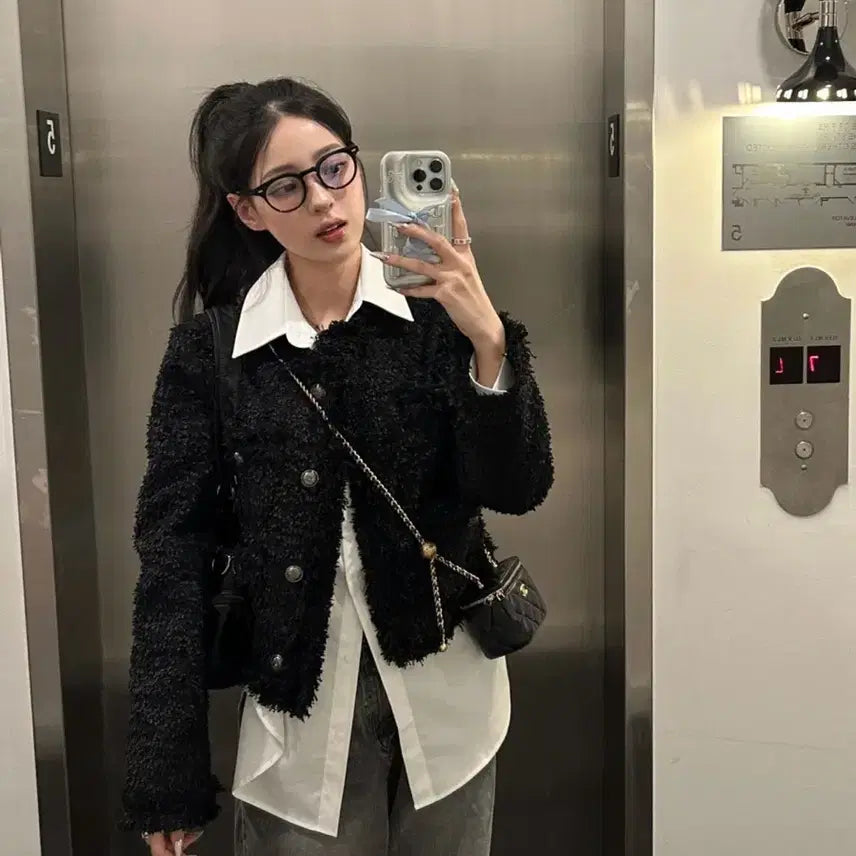 [BUNJANG] Khaki Point Crop Tweed Jacket / 카키포인트 크롭 트위드 블랙