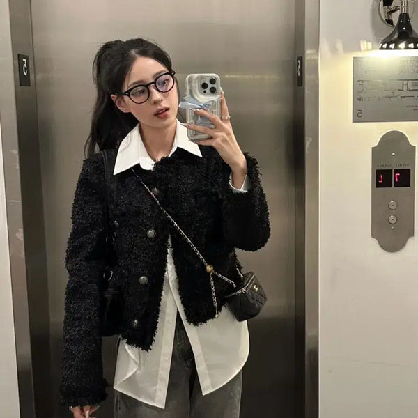 [BUNJANG] Khaki Point Crop Tweed Jacket / 카키포인트 크롭 트위드 블랙