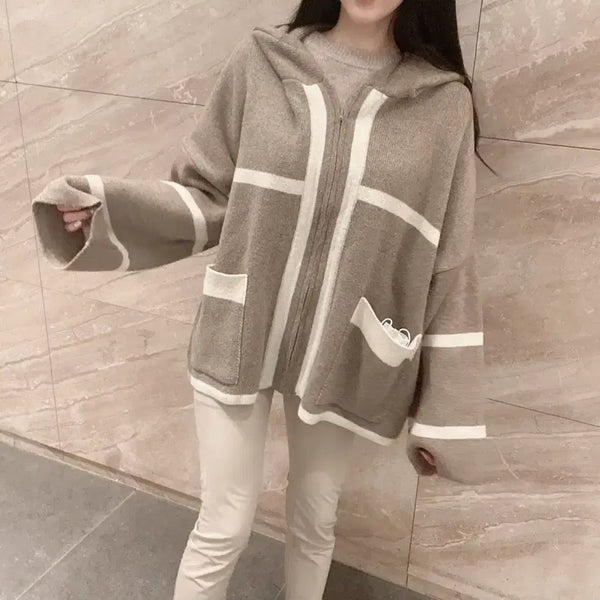 [BUNJANG] Beige Knit Hooded Zip-Up / 니트베이지 후드집업 수입의류