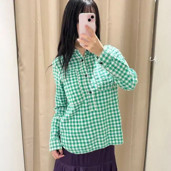 [BUNJANG] JPN Denim Dungaree Check Blouse (Tall LL) / JPN DENIM DUNGAREE 체크 블라우스 J1144