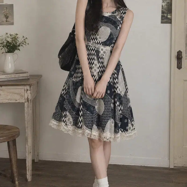 [BUNJANG] Patchwork Printing Midi Dress with Lace Hem / 패치워크 프린팅 원피스